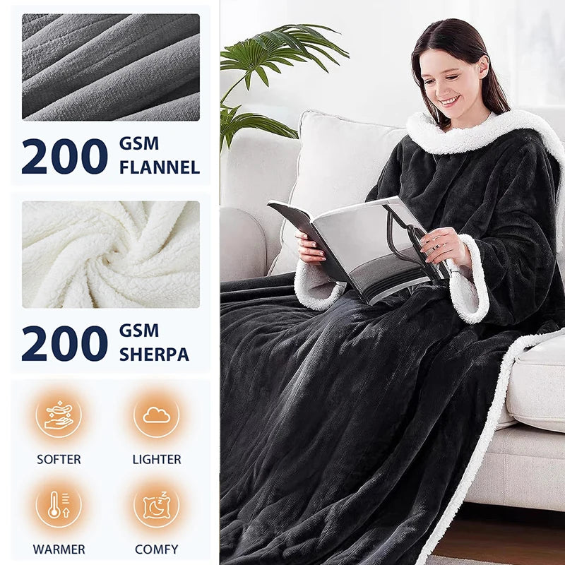Wearable Electric Heating Sleeve Blanket Flannel & Sherpa, Electric Blankets 6 Heat Settings, 10-Hour Time Auto-Off Function
